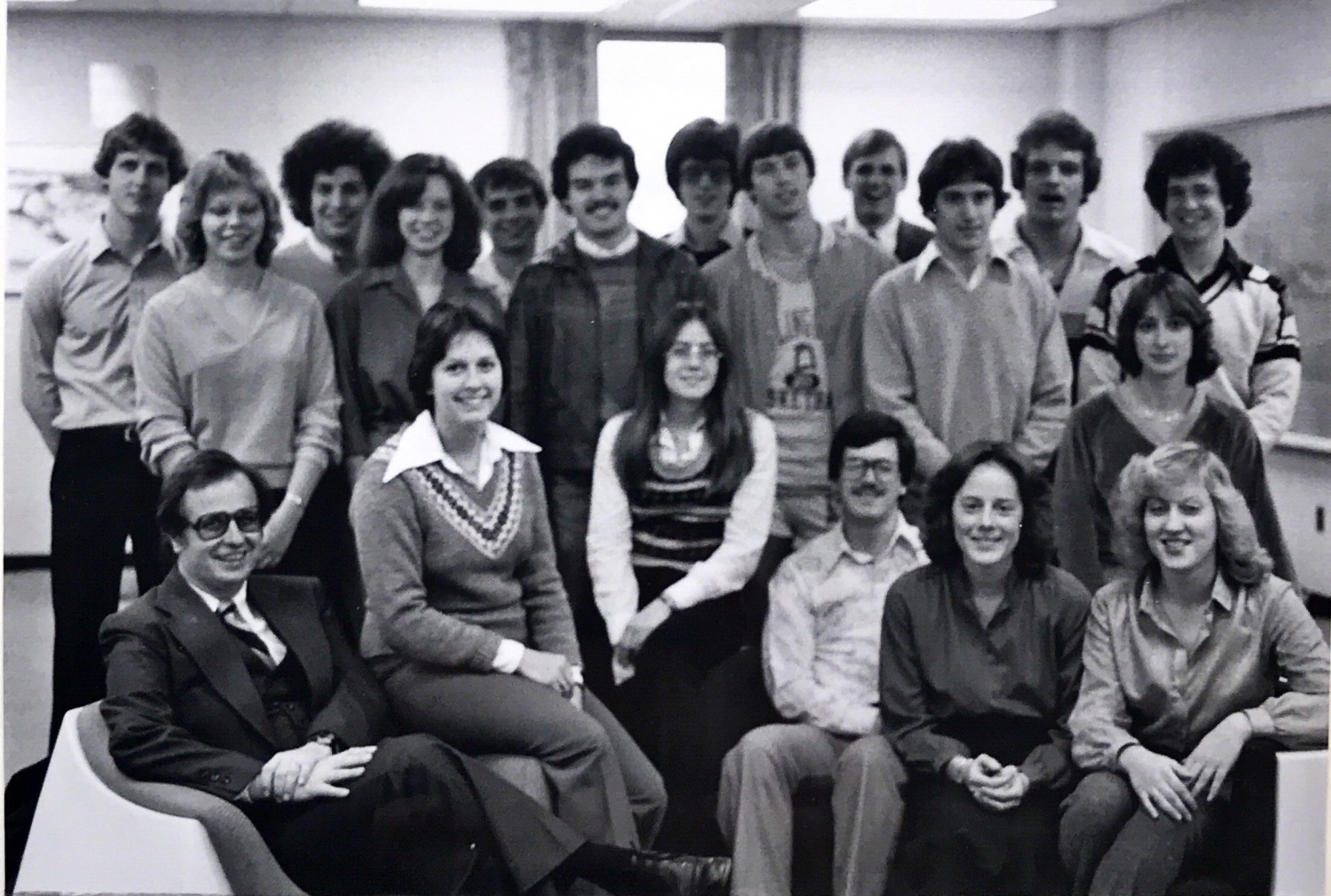 Members of the 1980 Alpha Upsilon chapter with their advisor, Park Leathers